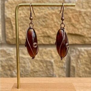 Amber Color Glass Wire Wrapped Dangle Earrings Copper Tone